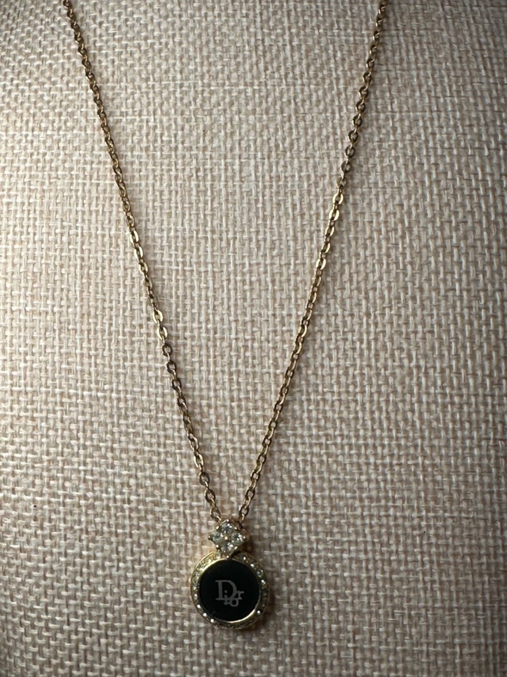 Christian Dior CD Logo Necklace Black Enamel Crystal Halo Gold Plated Vintage - Picture 10 of 11